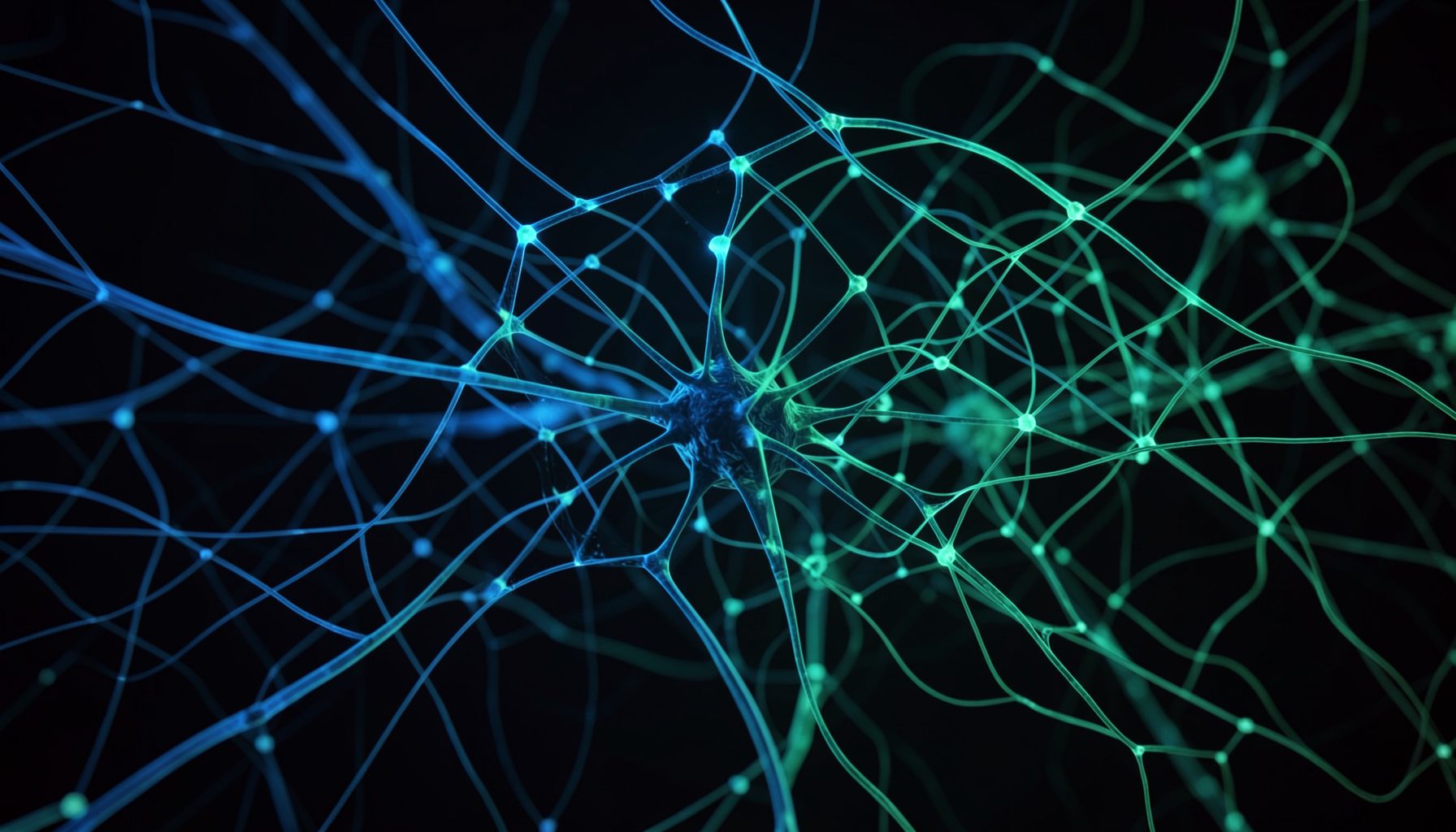 Representación abstracta de nodos de red neuronal interconectados en azul y verde brillante sobre fondo oscuro, estilo futurista.