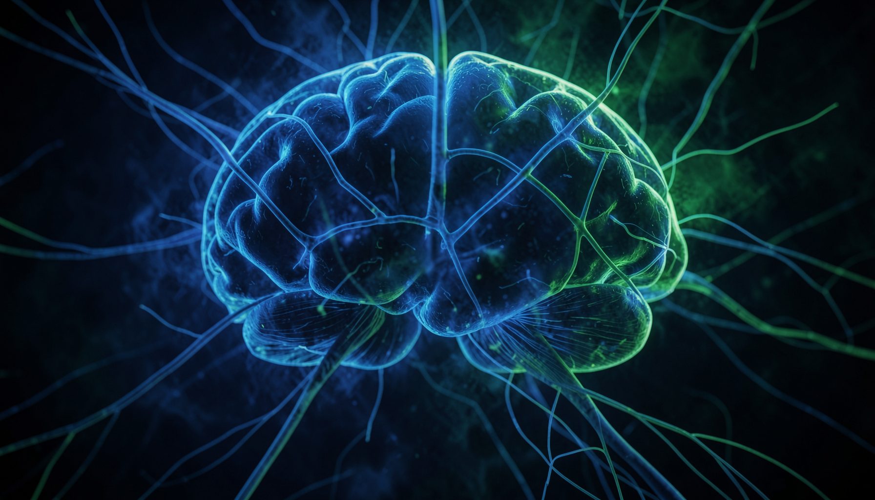 Imagen abstracta en tonos azul profundo y verde, con textura atmosférica que evoca conexiones neuronales y flujo cerebral.