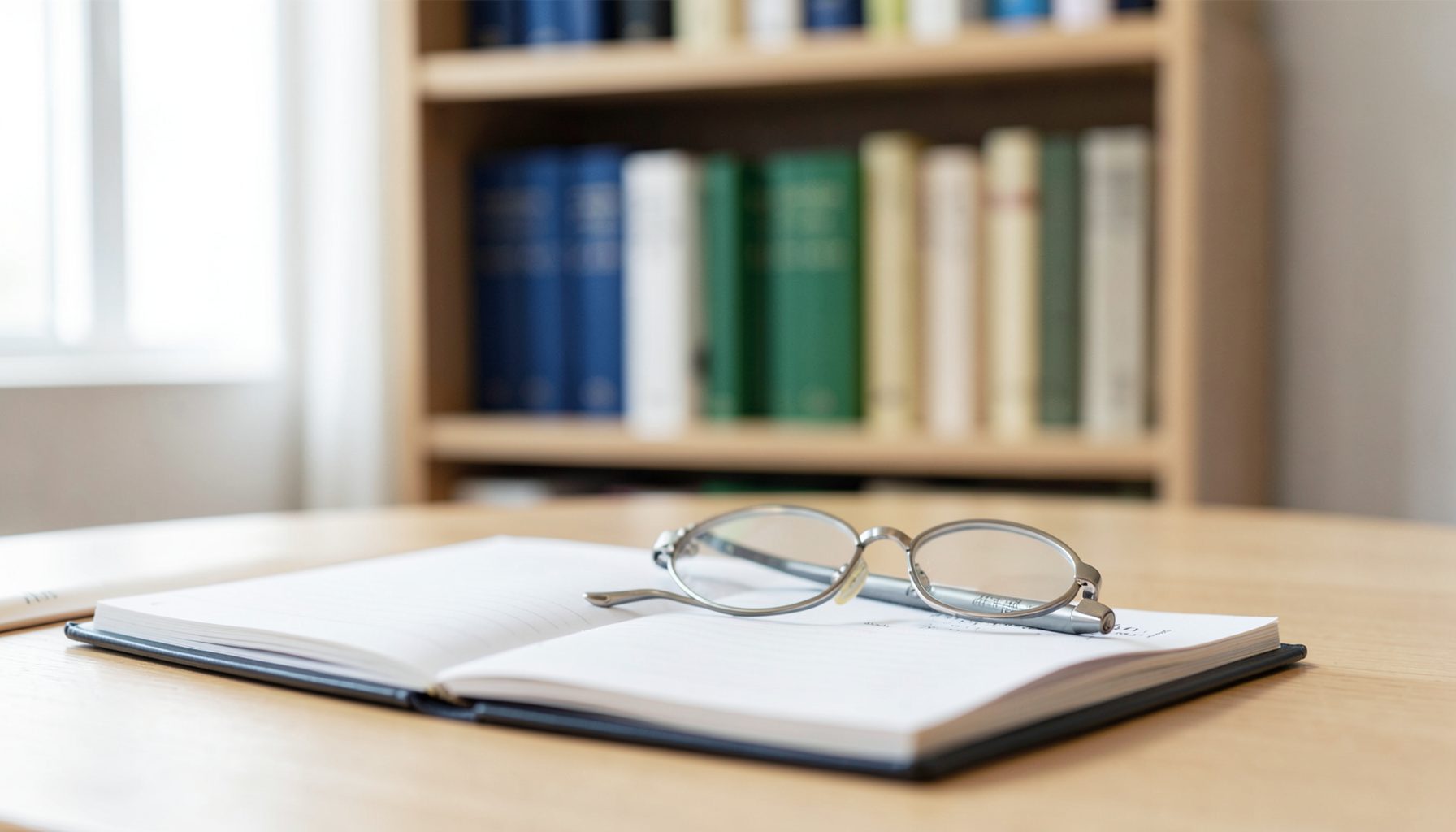 Libreta abierta con páginas en blanco y gafas sobre una mesa de madera, con una estantería de libros coloridos al fondo desenfocada, tonos cálidos y ambiente de estudio.